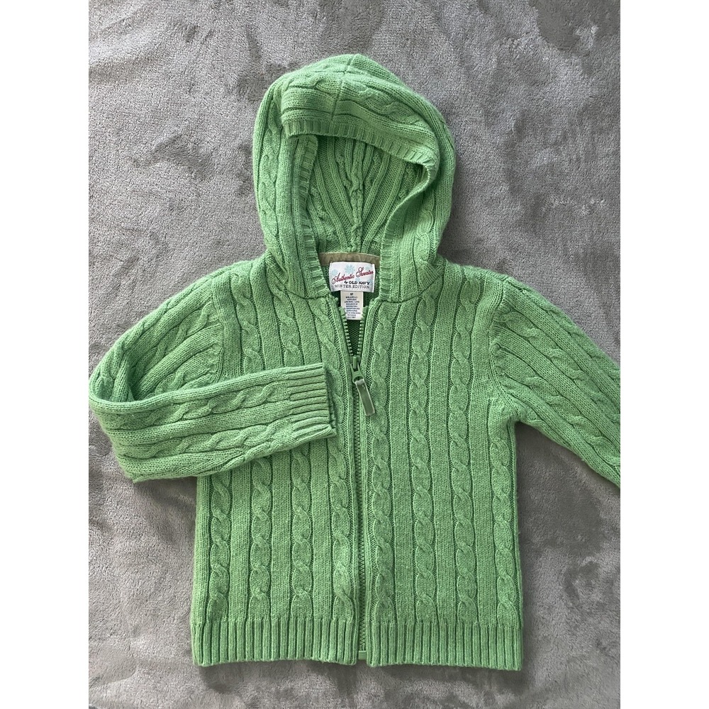 VTG Old‎ Navy Sweater Girls 5T Green Cable Knit Hooded Full Zip Wool Blend '05